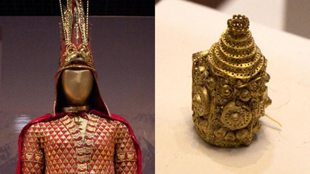 Vestimenta del guerrero dorado saka (s. III a.C.) / Frasco de perfume en miniatura de oro (s. XV).
