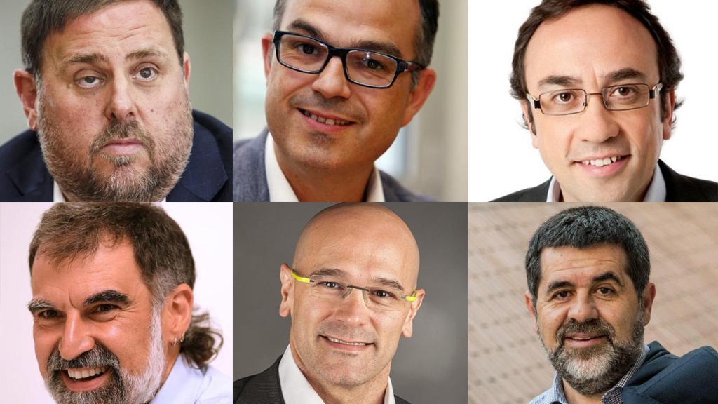 De izda. a dcha. y de arriba abajo: Oriol Junqueras, Jordi Turull, Josep Rull, Jordi Cuixart, Raül Romeva y Jordi Sánchez.