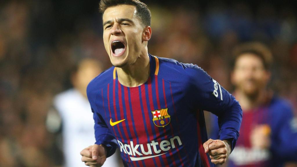 Coutinho celebra su gol en Mestalla, el 0-1 del partido de vuelta.