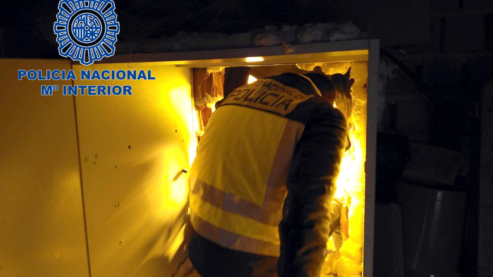 Un agente trata de acceder al zulo con la plantación de marihuana.