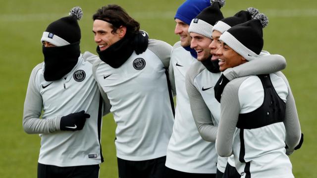 Los jugadores del PSG, durante el entrenamiento previo.