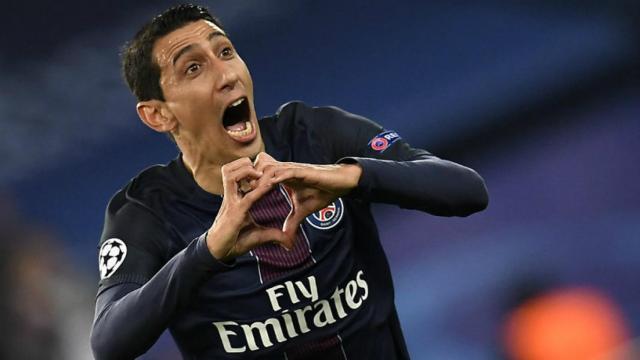 Di Maria celebra sus goles ante el Barcelona. Foto: @ChampionsLeague