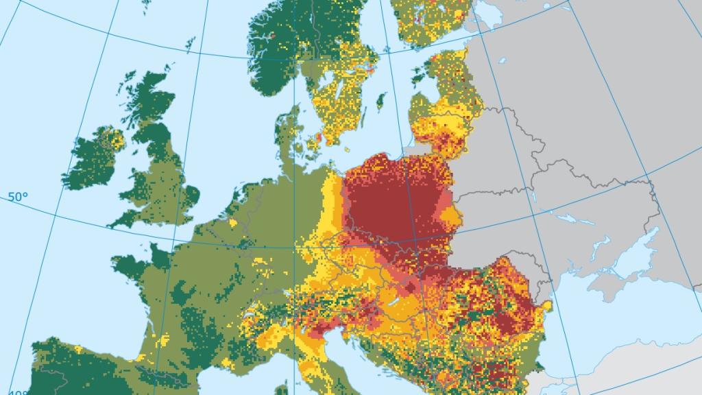 Mapa mostrando la calidad del aire en Europa en 2015.