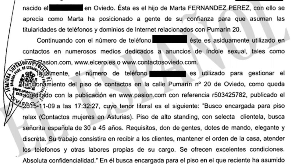 Fragmento del sumario del caso en el que se implica el teléfono del joven hijo de la Ama Lara.