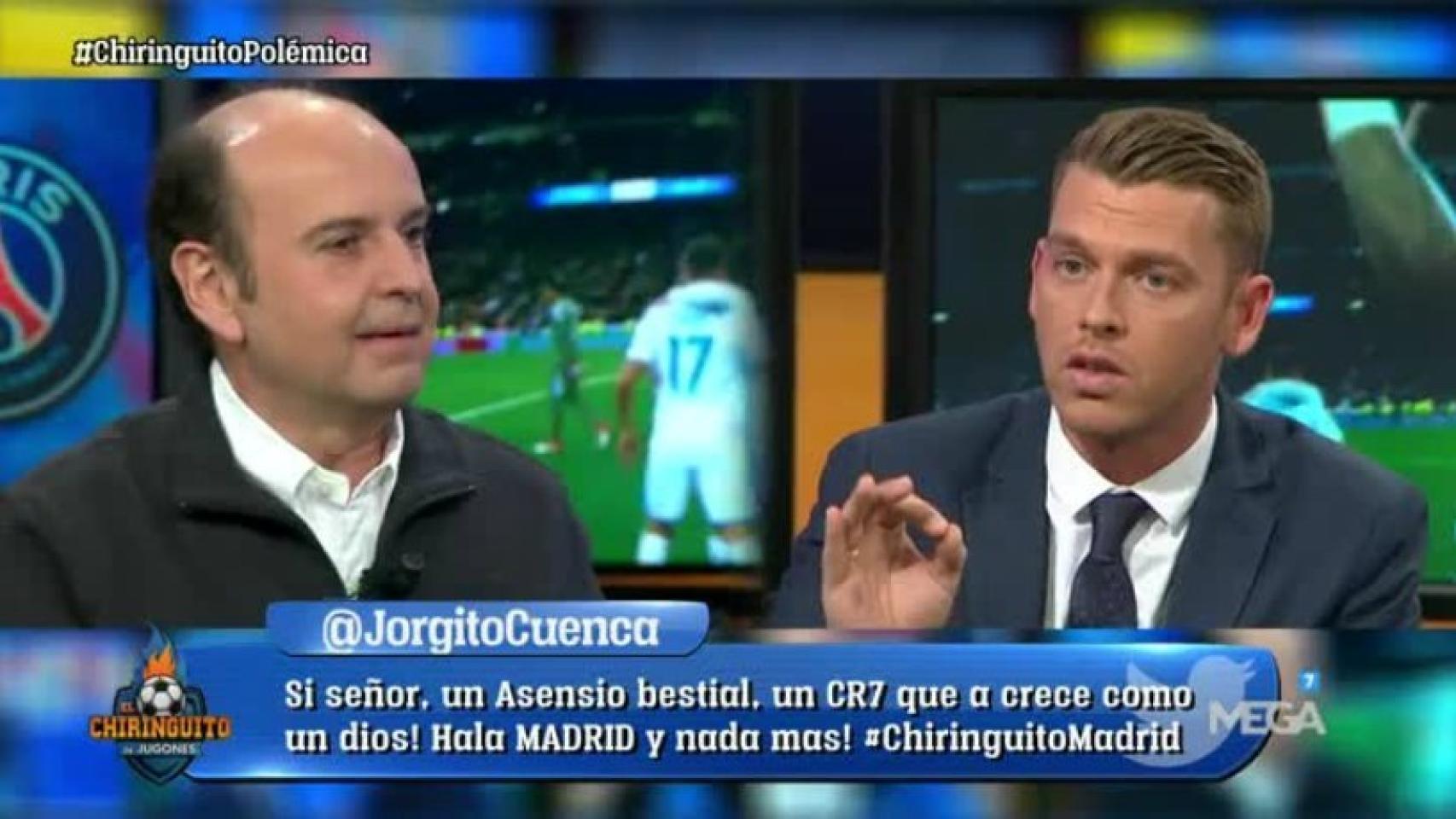 Juanma Rodríguez y Jota Jordi debaten en El Chiringuito. Foto: Twitter (@elchiringuitotv)