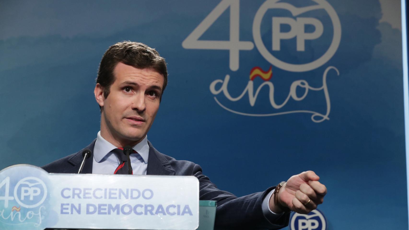 El vicesecretario de Comunicación del PP, Pablo Casado, en una rueda de prensa.