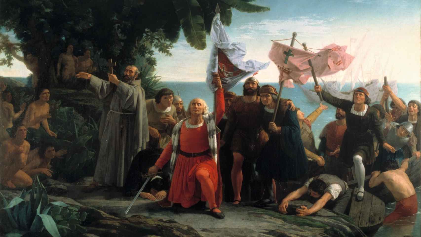 Desembarco de Colón en América pintado por Dióscoro Puebla (1862)