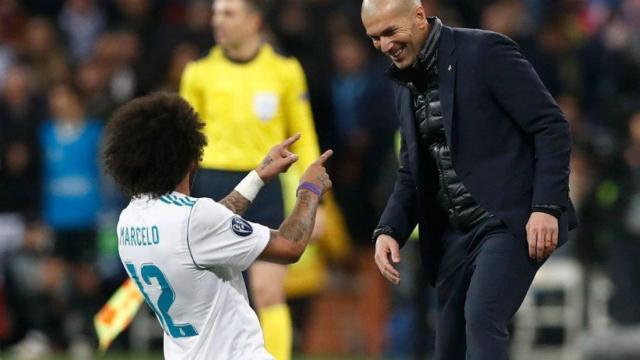 Marcelo celebra su gol al PSG con Zidane