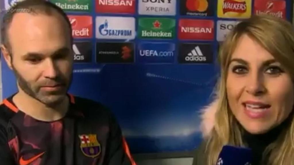 Iniesta y Susana Guasch tras el Chelsea - Barça. Foto: Twitter (@chirichampions).