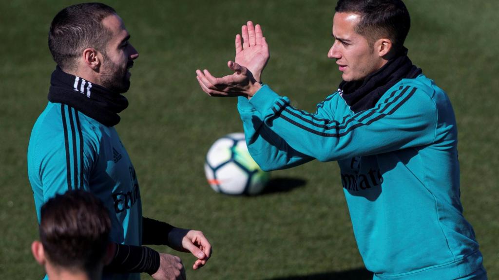 Carvajal y Lucas, en el entrenamiento previo al duelo ante el Espanyol.