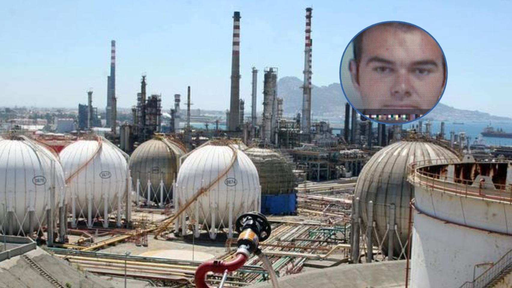 La refinería de Cepsa en San Roque.  A la derecha, el sindicalista detenido.