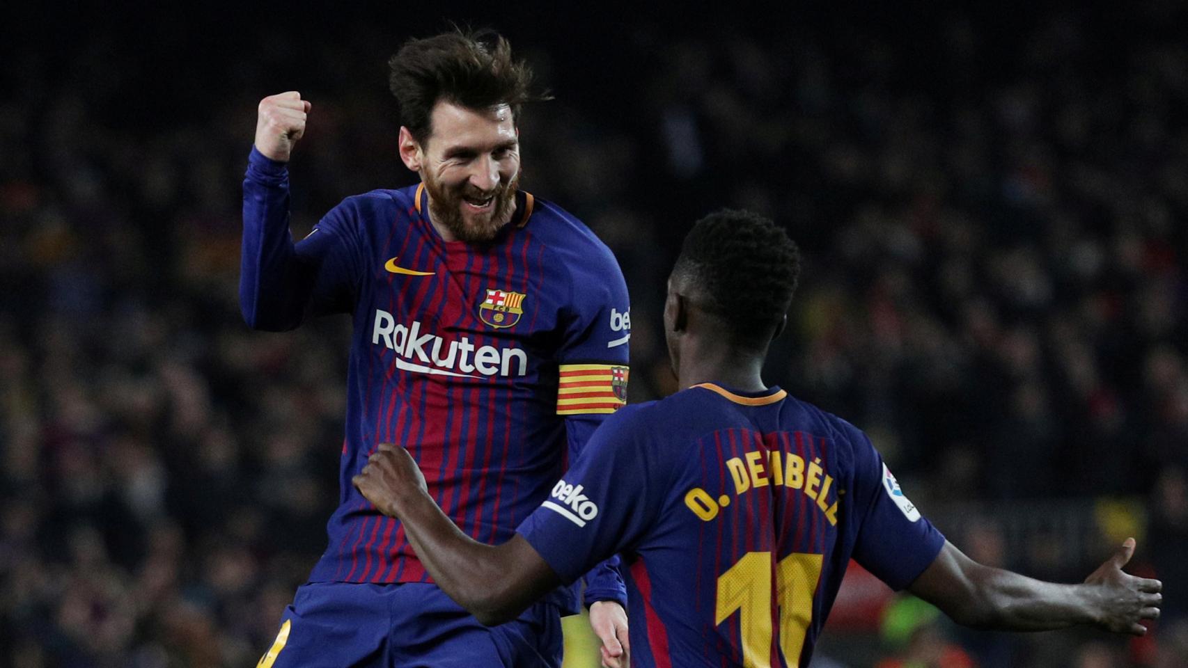 Messi celebra con Dembélé un gol ante el Girona.