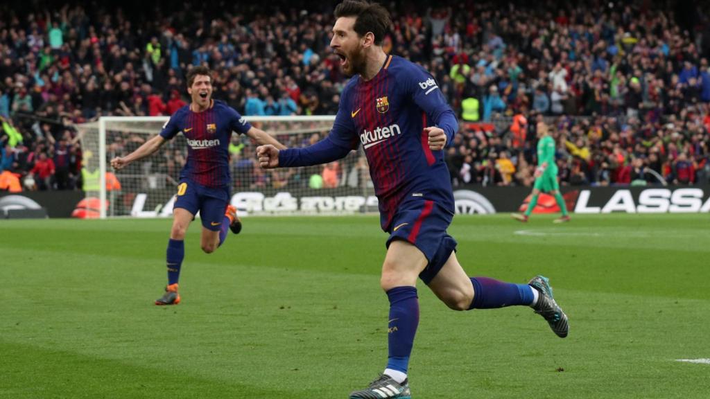 Leo Messi celebra su gol al Atlético.