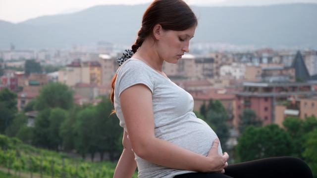 Una mujer embarazada, en un entorno de contaminación.