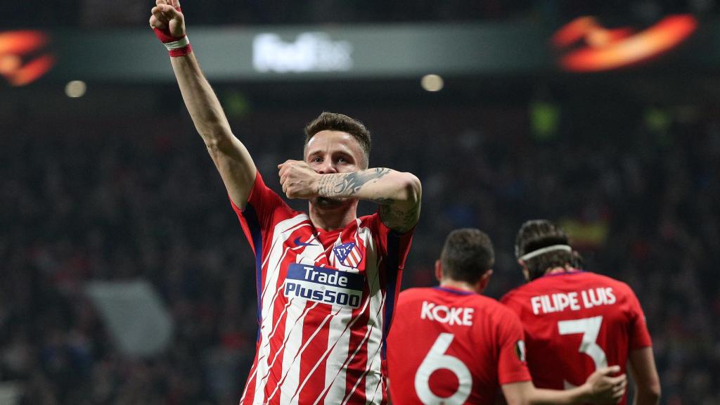 Saúl celebra su gol en el Metropolitano frente al Lokomotiv.