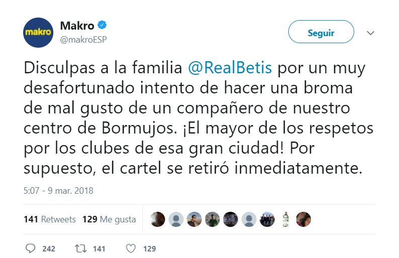 La disculpa de Makro al Betis tras llamarles segundo equipo de Sevilla