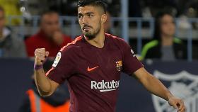 Luis Suárez celebra su gol al Málaga.