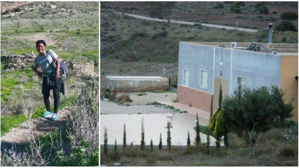 Ana Julia, de senderismo en la zona. A la derecha la casa de la finca en la que el cadáver de Gabriel estuvo metido en un pozo.