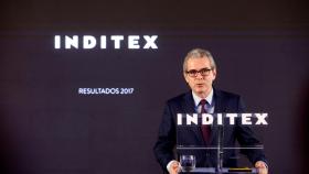El presidente de Inditex, Pablo Isla, durante la rueda de prensa ofrecida hoy en Arteixo (A Coruña).