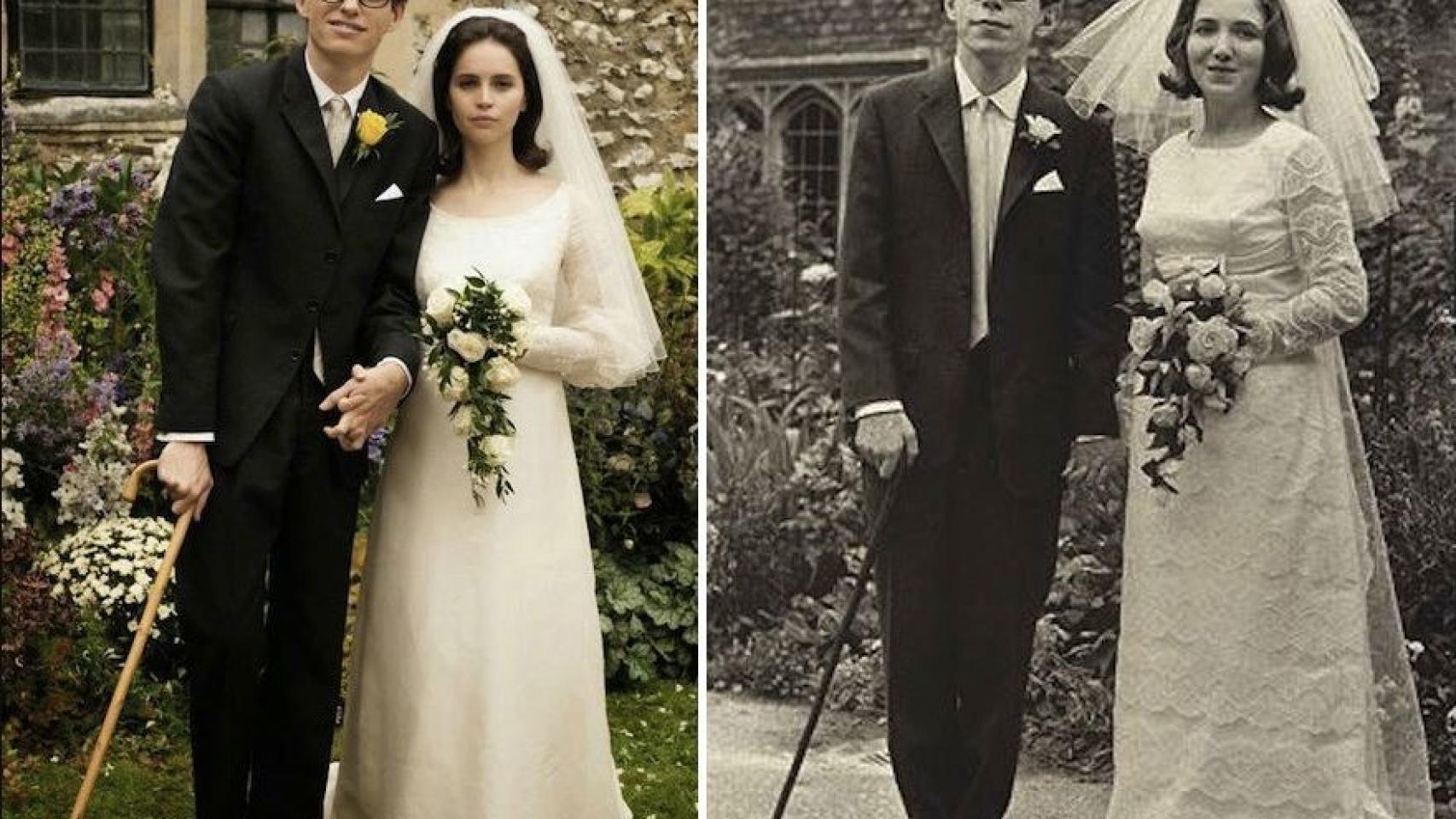 La boda de Stephen Hawking con Jane Wilde, en el que el físico tuvo que sostenerse con un bastón dados los primeros síntomas de su enfermedad. La escena se recreó en la película 'La teoría del Todo'.