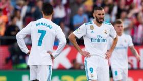 Cristiano y Benzema se lamentan durante la derrota ante el Girona. Foto Twitter (@ChampionsLeague)