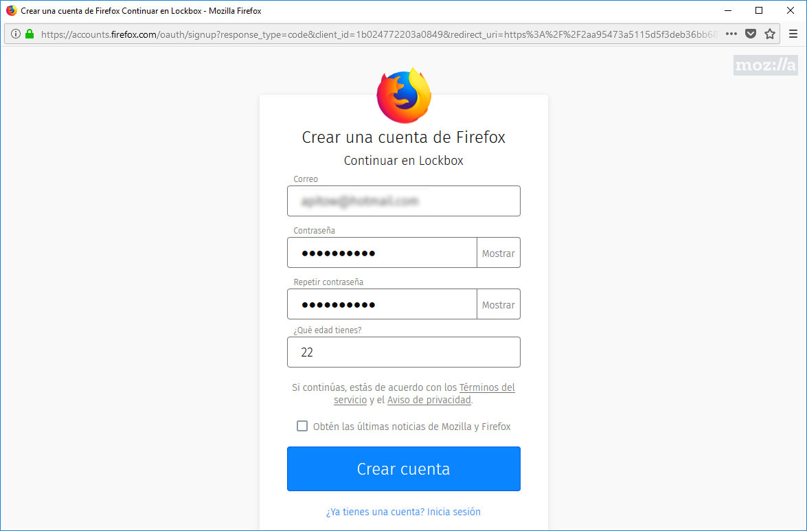 crear cuenta mozilla