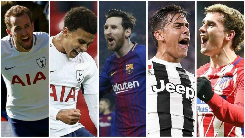 Harry Kane, Dele Alli, Leo Messi, Paulo Dybala y Antoine Griezmann