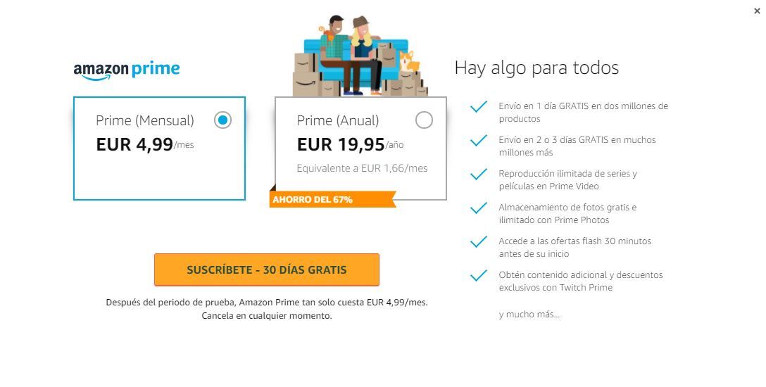 Amazon Prime ahora se puede contratar mensualmente pero es 3 veces mas caro que el anual