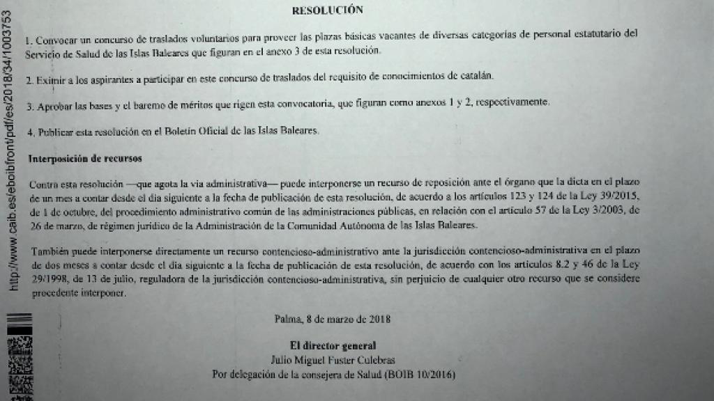Resolución publicada en el Boletín Oficial de las Islas Baleares.