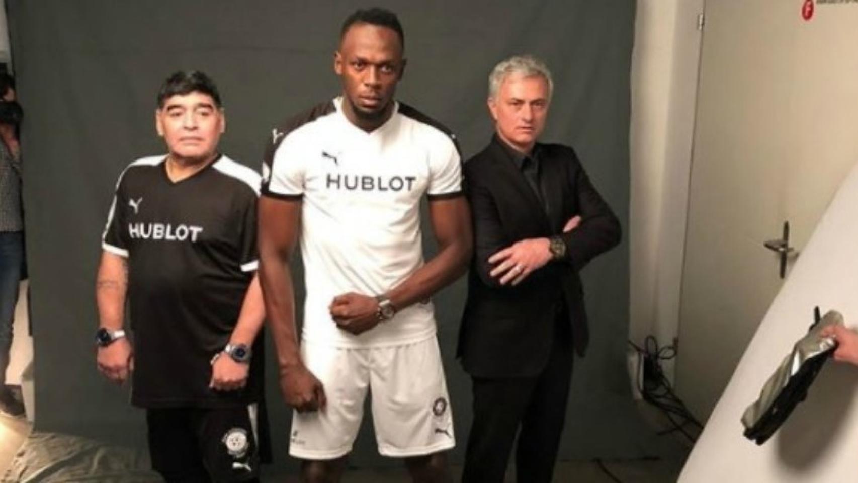 Maradona, Bolt y Mourinho posaron para un acto publicitario. Foto: Instagram (@josemourinho)