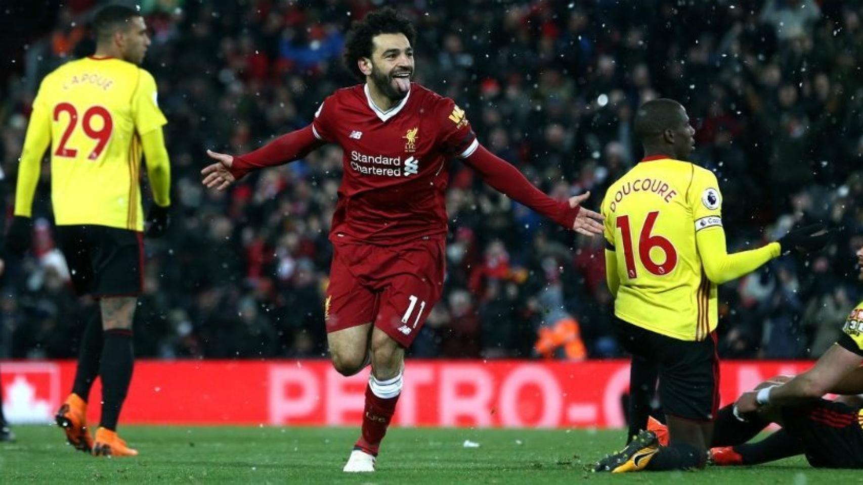 Salah celebrando un gol frente al Watford. Foto: Twitter (@LFC)