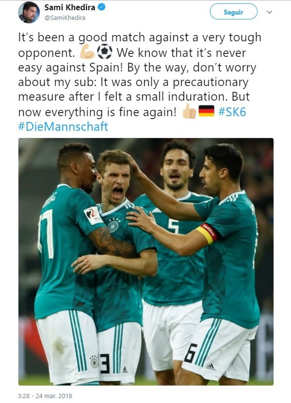 Sami Khedira publica en su Twitter que está bien y no sufre ninguna lesión. Foto: Twitter (@SamiKhedira)