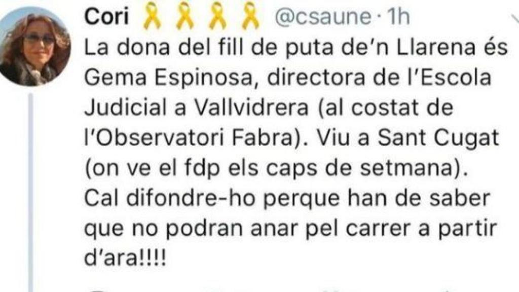 Tuit contra la esposa del juez Pablo Llarena./