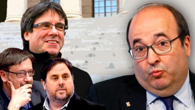 A la izquierda, Carles Puigdemont, Xavier Domènech y Oriol Junqueras. A la derecha, Miquel Iceta.