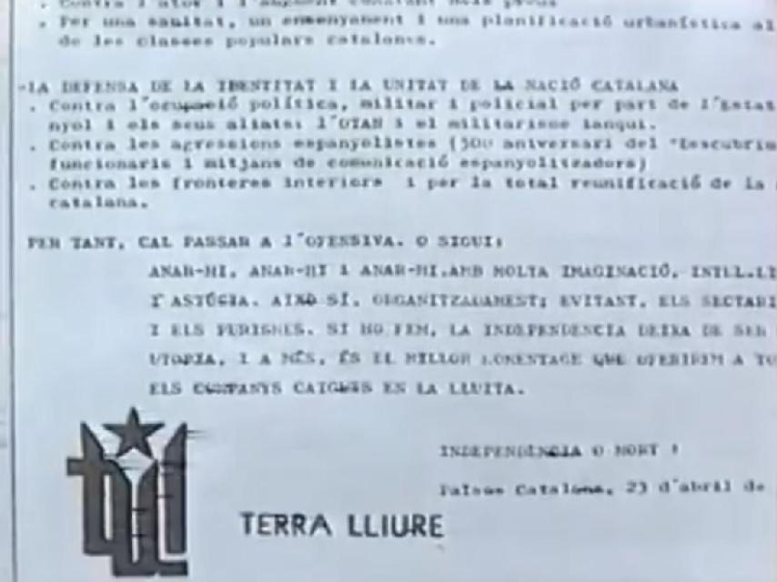 Manifiesto fundacional de Terra Lliure, repartido en el Camp Nou