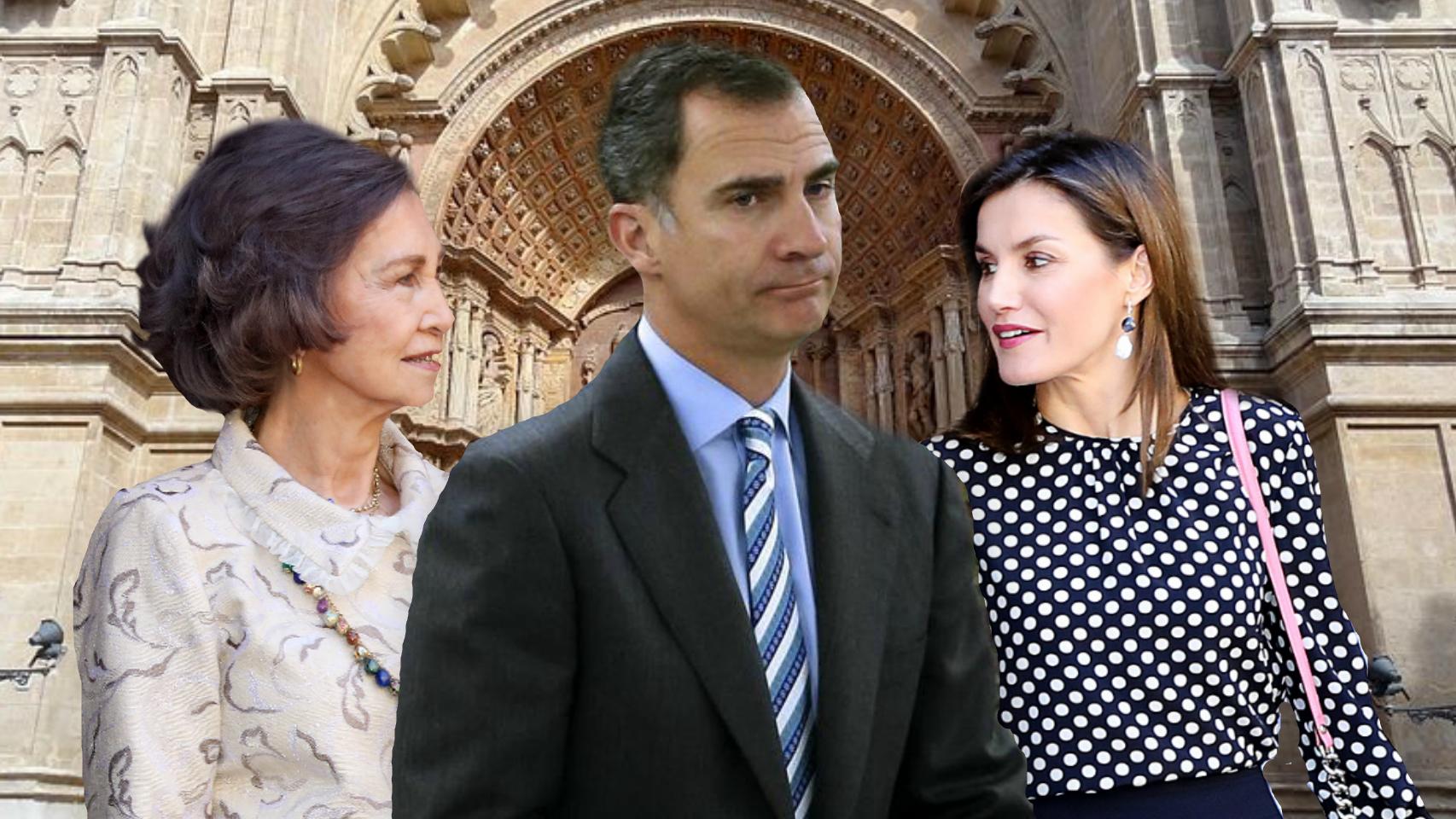 El rey Felipe VI en medio de las dos reinas, en un montaje de JALEOS.