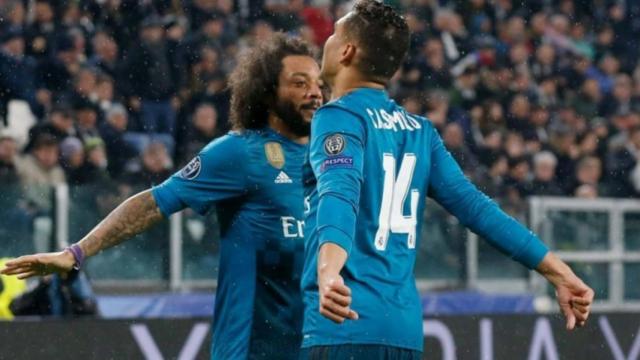 Casemiro celebra con Marcelo su gol a la Juventus