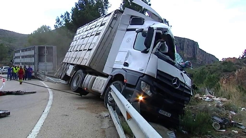 El camión que llevaba a los cerdos volcó en una curva.