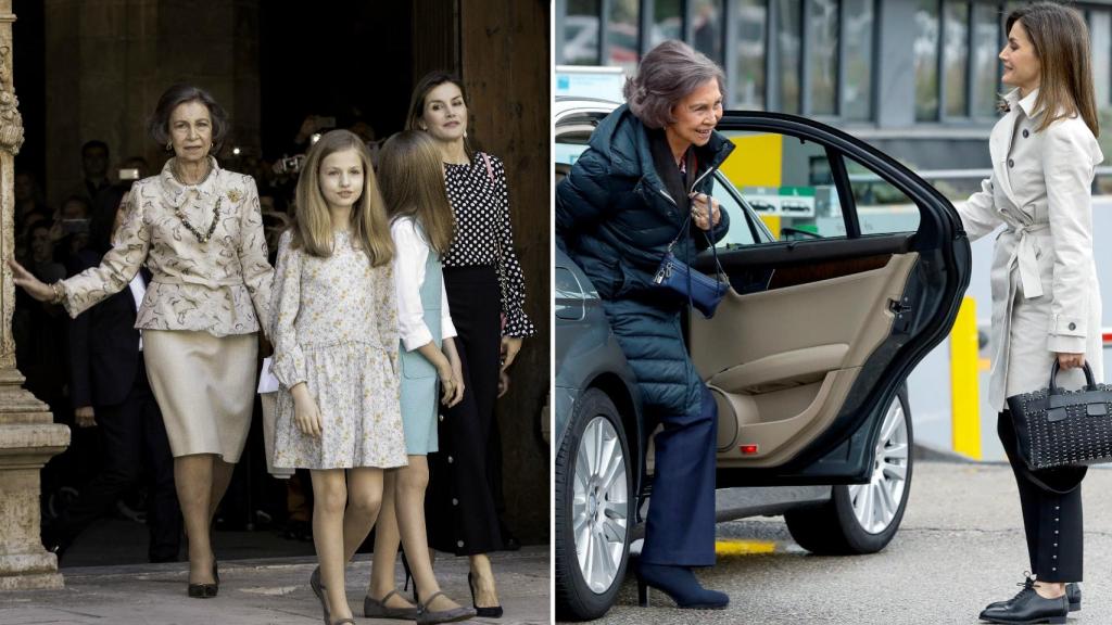 Imagen de las Reinas a la salida de la catedral de Palma, tras el famoso incidente entre ambas, y otra de la 'reconciliación'.