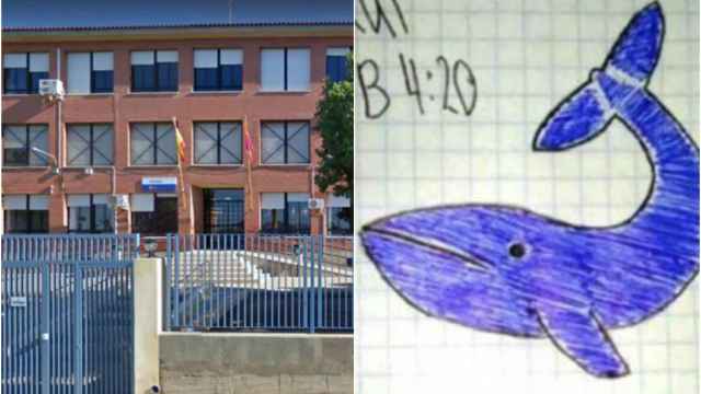 El centro educativo al que acudía la víctima, el IES Sierra Minera, y el logo del macabro reto de la 'Ballena Azul'.