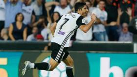 Guedes celebra un gol con el Valencia. Foto: Twitter (@valenciacf).