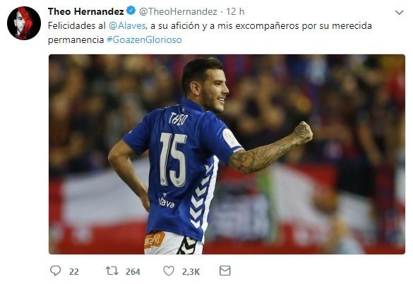 Tuit de Theo felicitando al Alavés por la permanencia