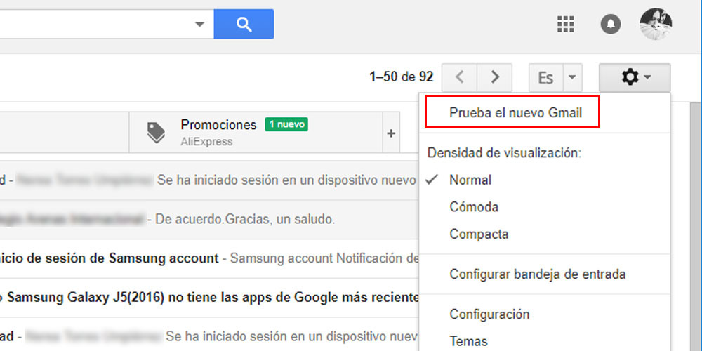 probar nuevo diseño gmail