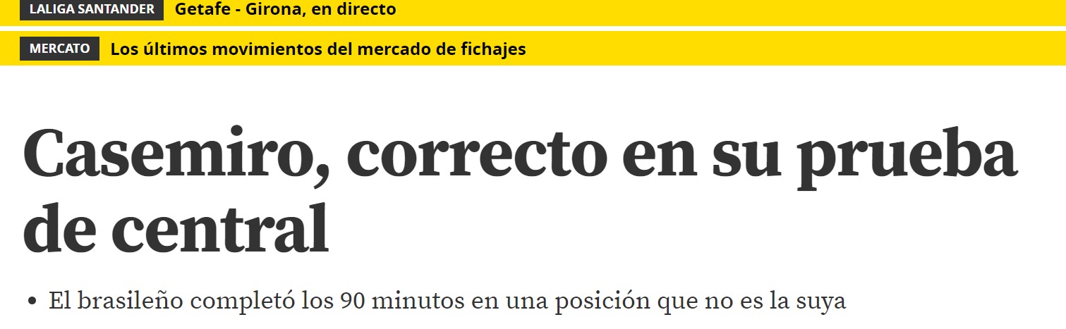 Casemiro convence como central hasta a Mundo Deportivo