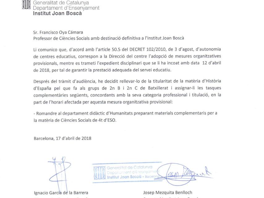 Con esta carta el director del instituto Joan Boscà le comunicó a Oya su relevo.