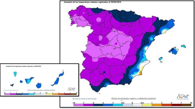 Anomalías de temperaturas a 29/04/2018.