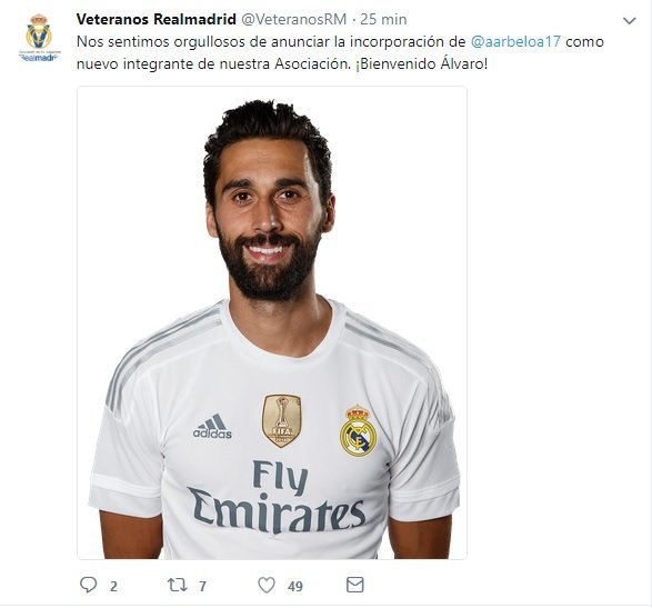 Tuit de los Veteranos del Real Madrid anunciando el fichaje de Arbeloa