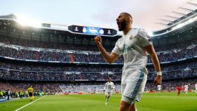 Benzema celebra uno de sus dos goles ante el Bayern.