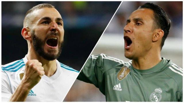 Benzema y Keylor Navas celebran el pase a la final de la Champions