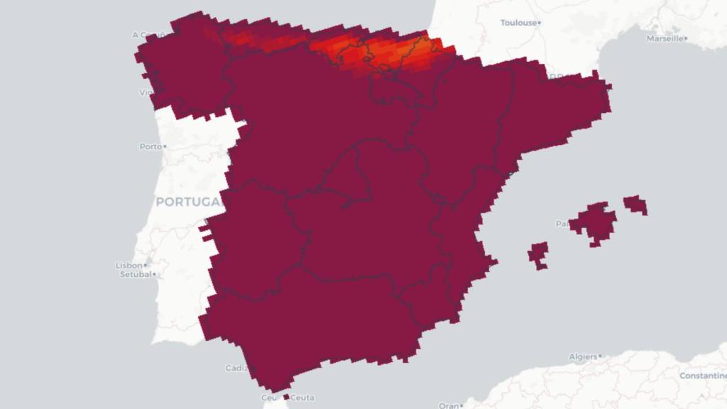 En rojo, las zonas en las que para 2050 las olas de calor durarán menos de 15 días.